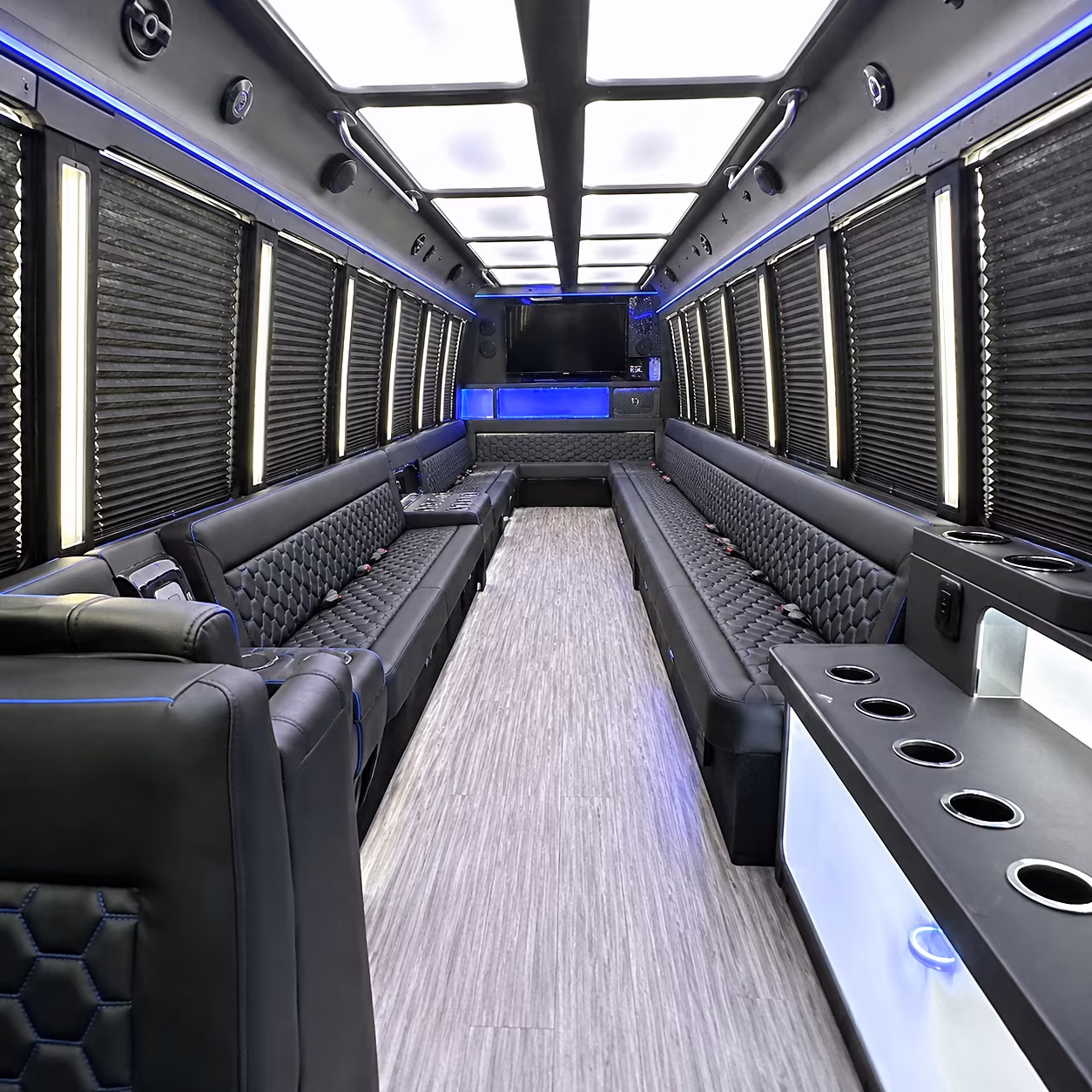 Passenger seating aboard a party bus rental serving Lincoln